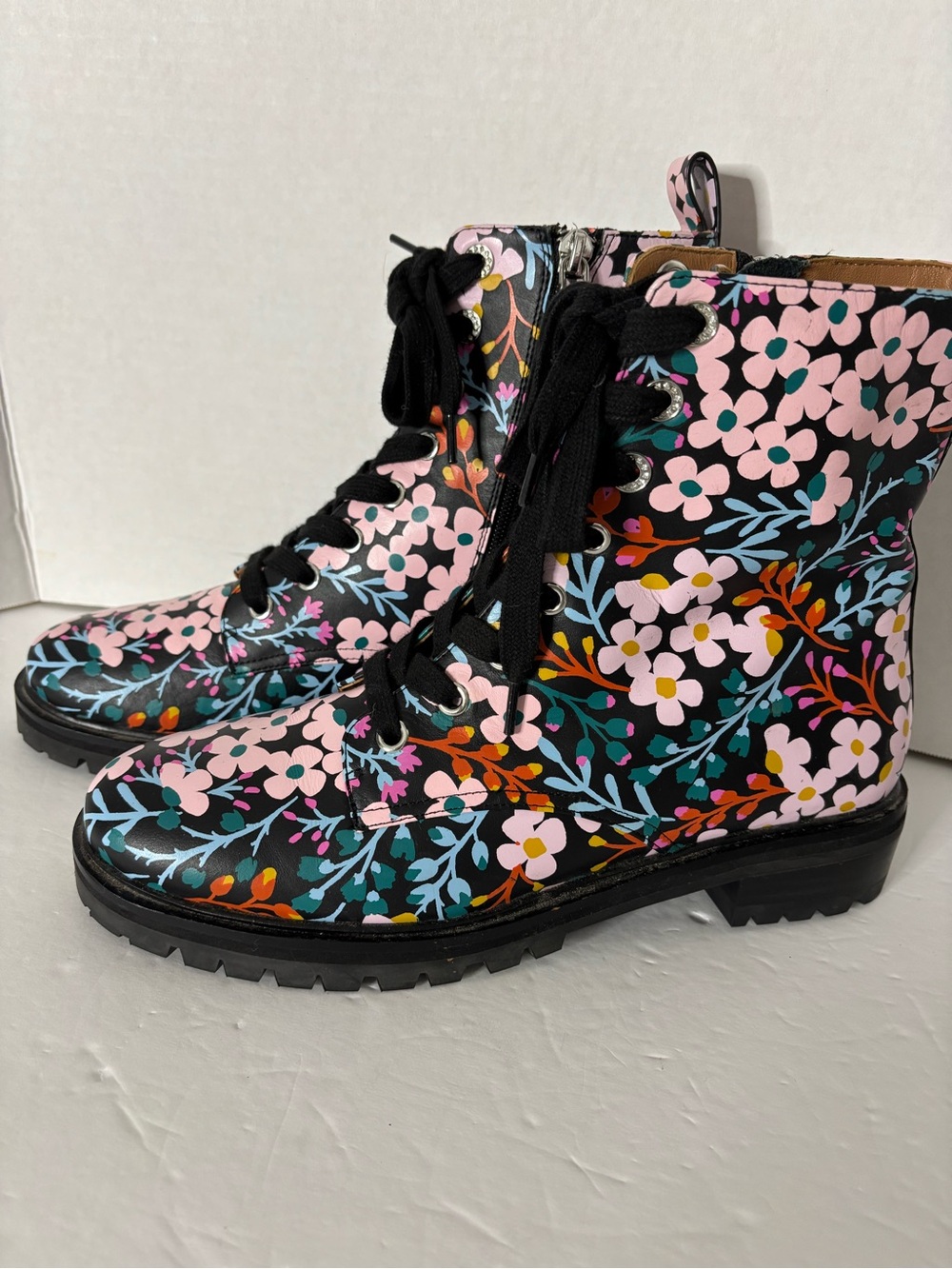 Kate Spade Floral Lace-Up Jenna Combat Boots - Black Multi
